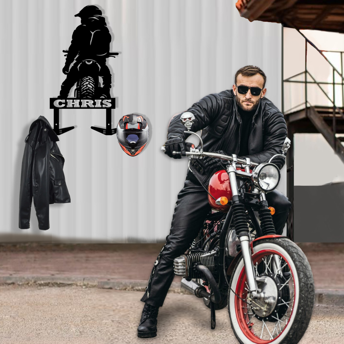 Custom Motorcycle Rider Helmet Holder Wall Hook, Personalized Metal Wall Mount Rack with Name for Biker Helmet, Jacket, Keys, or Garage Decor