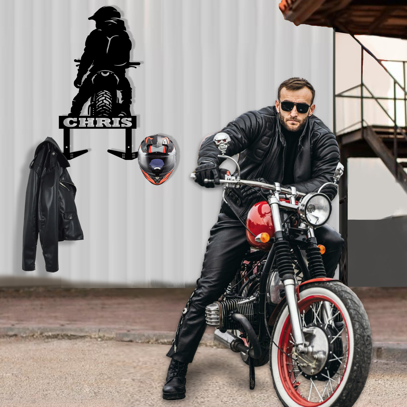 Custom Motorcycle Rider Helmet Holder Wall Hook, Personalized Metal Wall Mount Rack with Name for Biker Helmet, Jacket, Keys, or Garage Decor