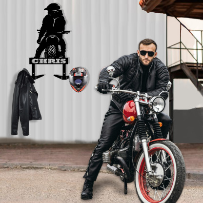 Custom Motorcycle Rider Helmet Holder Wall Hook, Personalized Metal Wall Mount Rack with Name for Biker Helmet, Jacket, Keys, or Garage Decor
