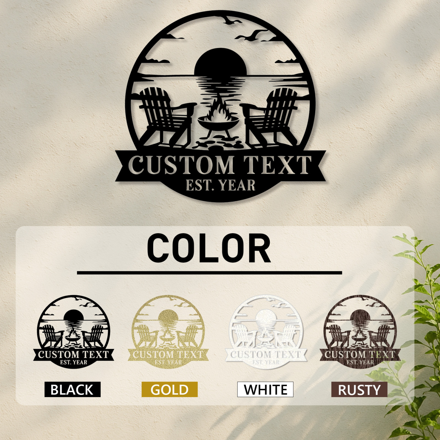 Custom Lake Sunset Metal Sign, Personalized Firepit and Adirondack Chair Wall Art for Cabin, Porch, or Backyard Outdoor Decor