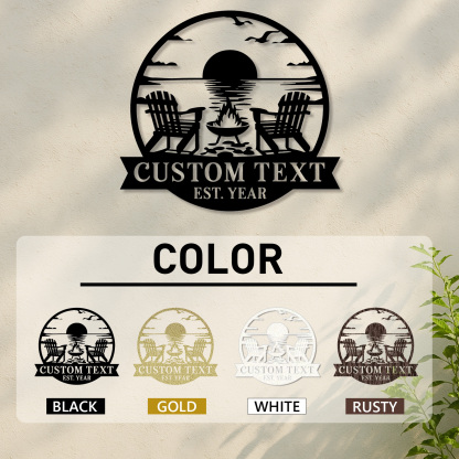 Custom Lake Sunset Metal Sign, Personalized Firepit and Adirondack Chair Wall Art for Cabin, Porch, or Backyard Outdoor Decor