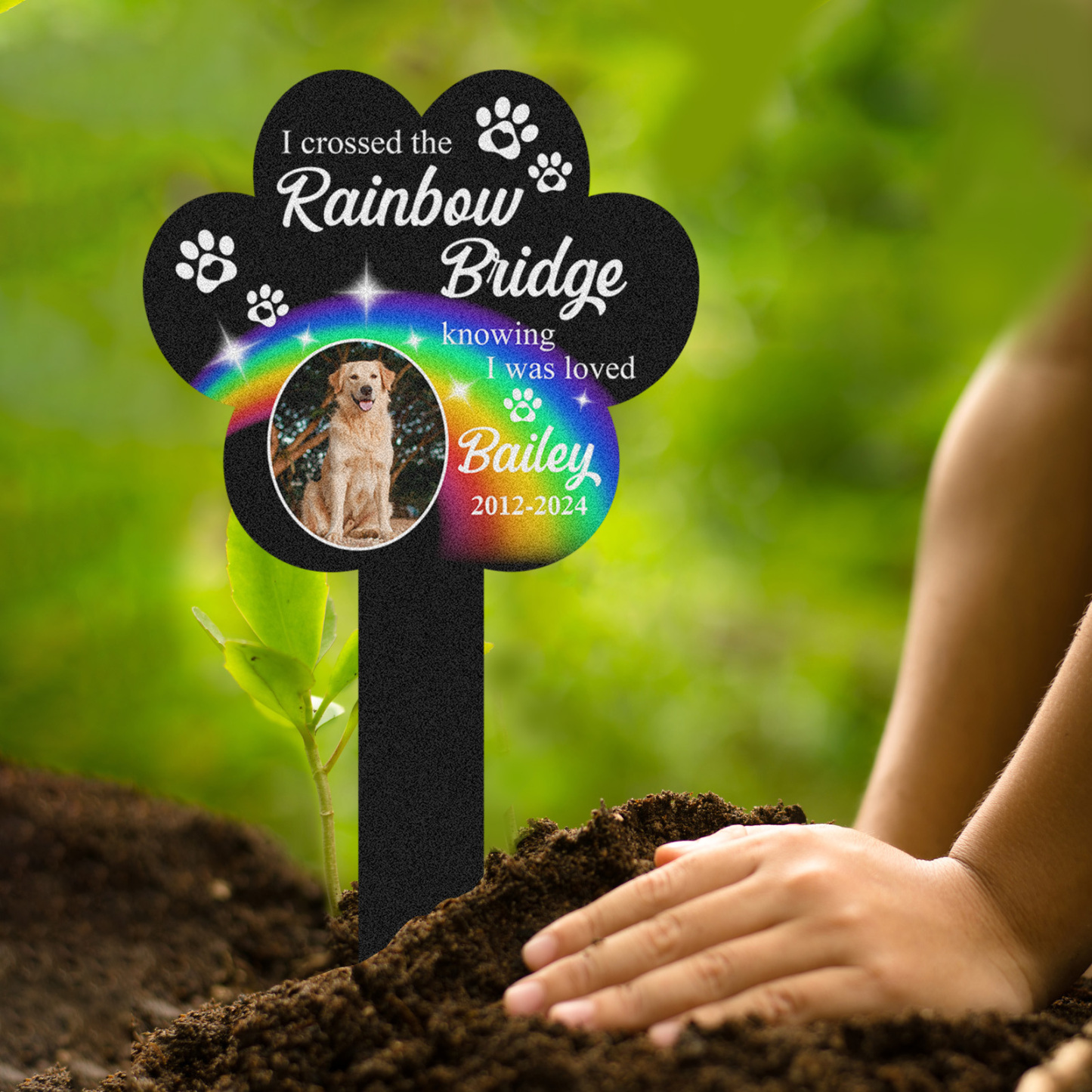Rainbow Bridge Pet Memorial Stake, Custom Paw Shaped Photo Grave Marker for Dogs or Cats