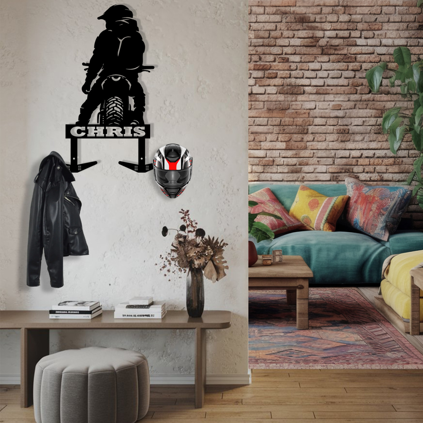 Custom Motorcycle Rider Helmet Holder Wall Hook, Personalized Metal Wall Mount Rack with Name for Biker Helmet, Jacket, Keys, or Garage Decor