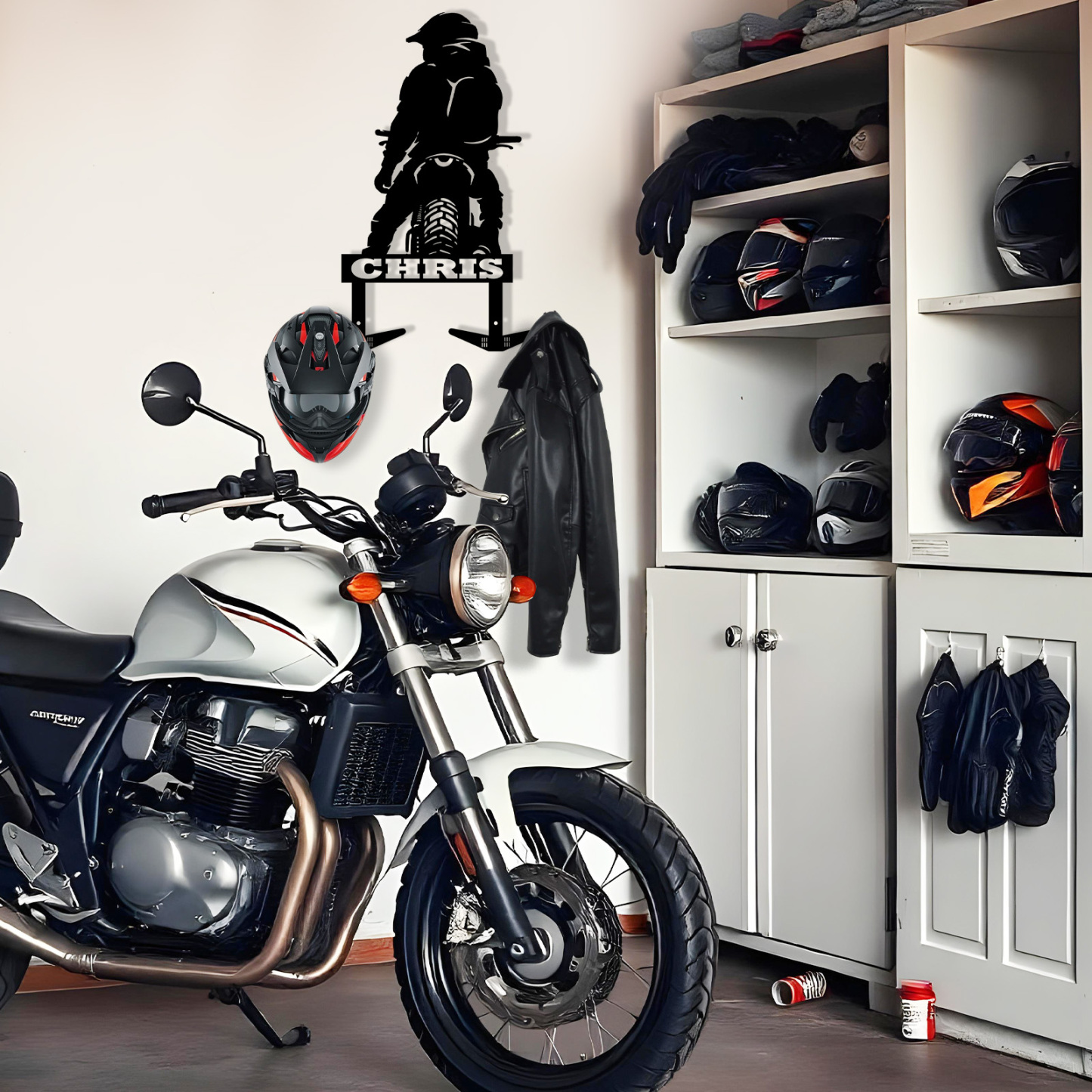Custom Motorcycle Rider Helmet Holder Wall Hook, Personalized Metal Wall Mount Rack with Name for Biker Helmet, Jacket, Keys, or Garage Decor