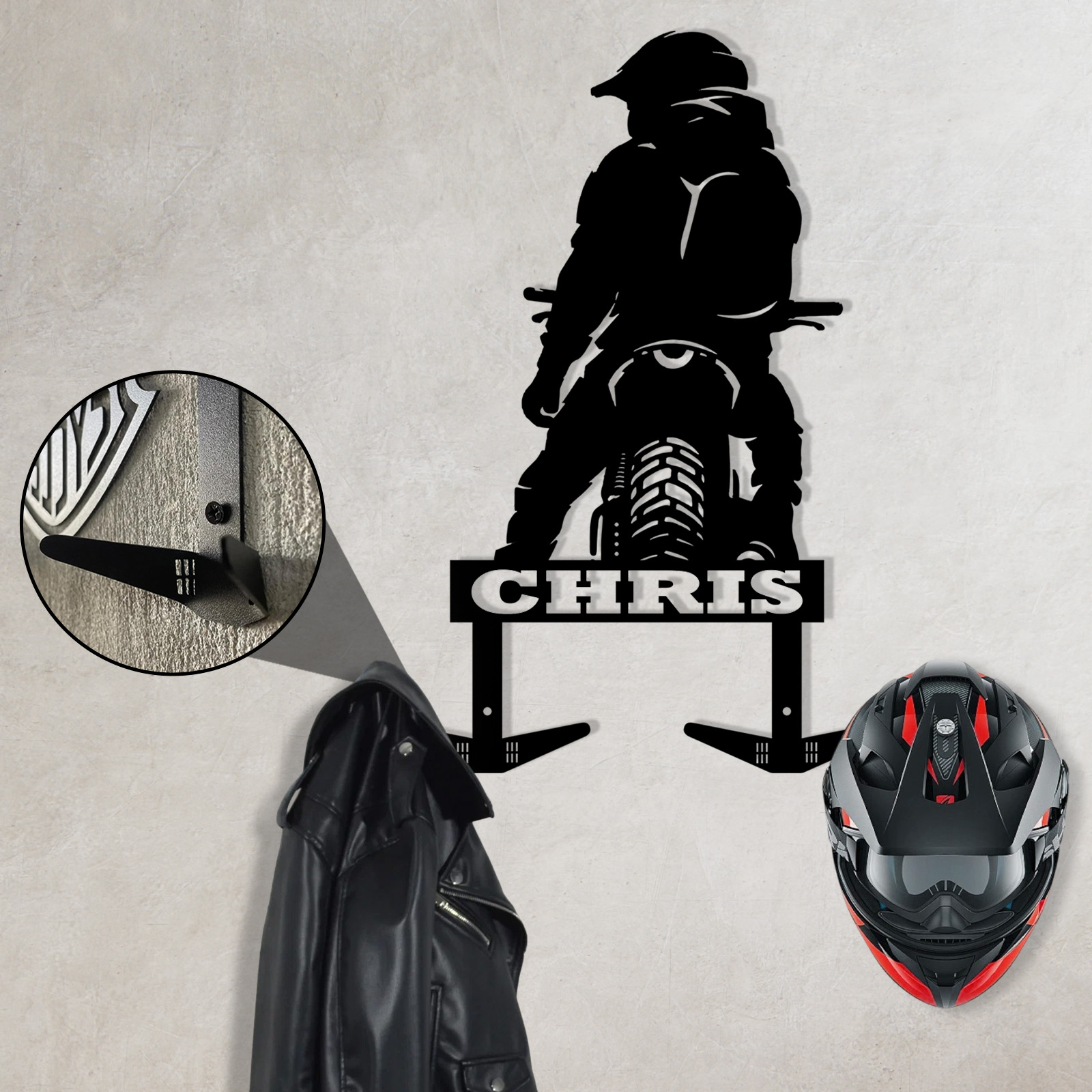 Custom Motorcycle Rider Helmet Holder Wall Hook, Personalized Metal Wall Mount Rack with Name for Biker Helmet, Jacket, Keys, or Garage Decor