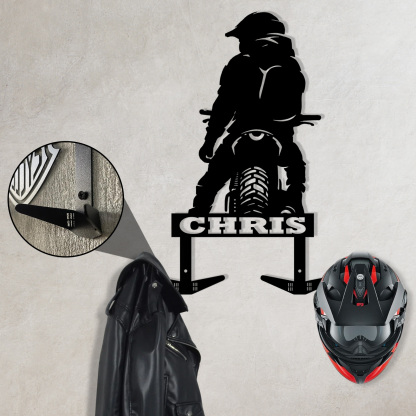 Custom Motorcycle Rider Helmet Holder Wall Hook, Personalized Metal Wall Mount Rack with Name for Biker Helmet, Jacket, Keys, or Garage Decor