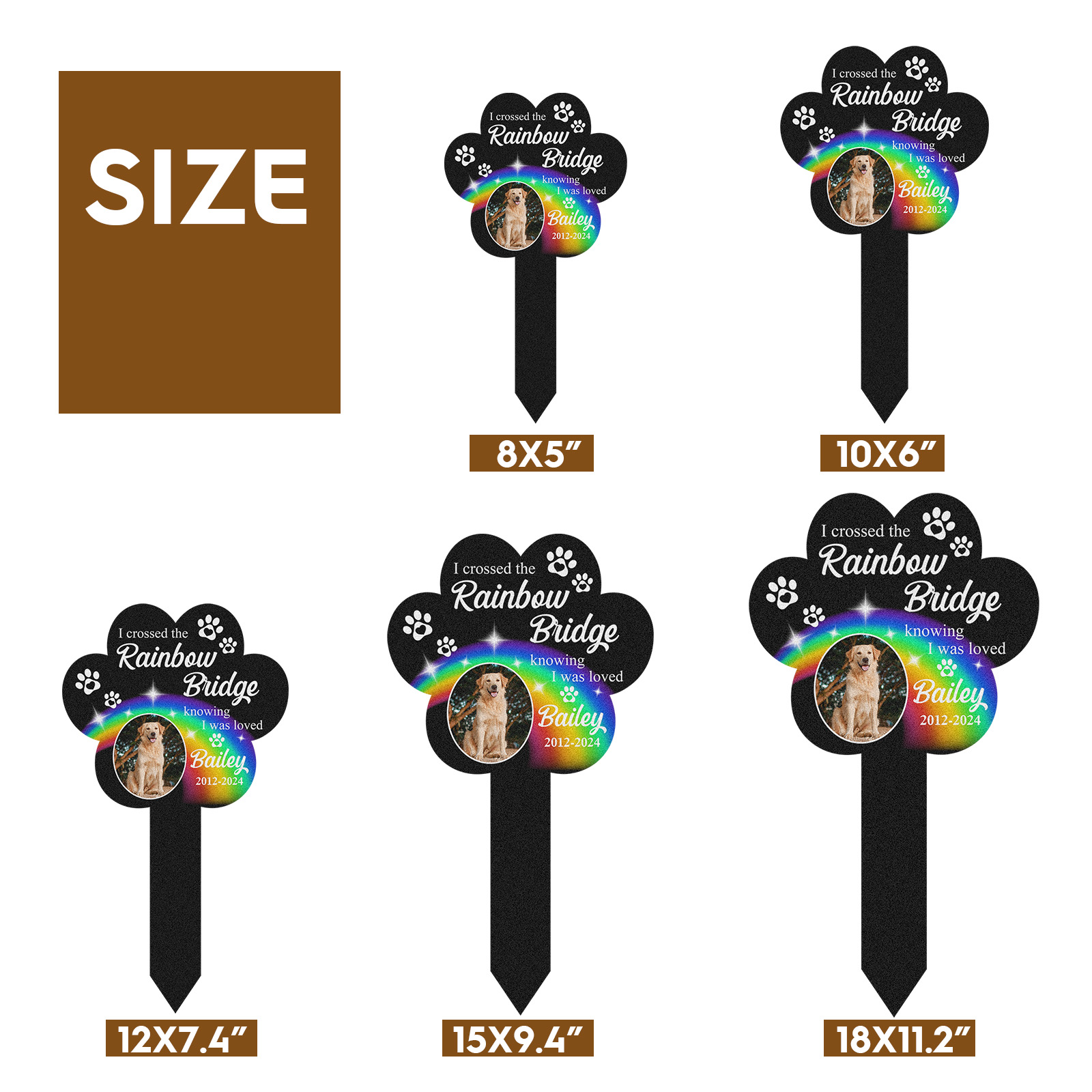 Rainbow Bridge Pet Memorial Stake, Custom Paw Shaped Photo Grave Marker for Dogs or Cats