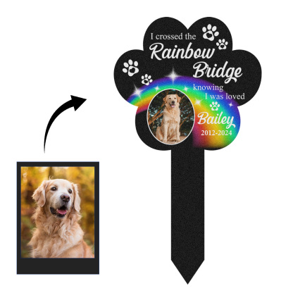 Rainbow Bridge Pet Memorial Stake, Custom Paw Shaped Photo Grave Marker for Dogs or Cats