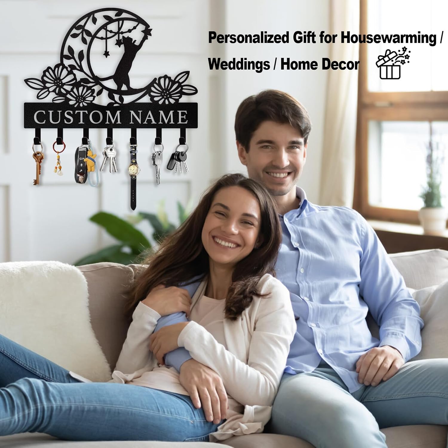 Moon Cat Metal Key Holder ,Cute Cat Wall Hook for Cat Lovers-MetalsignX