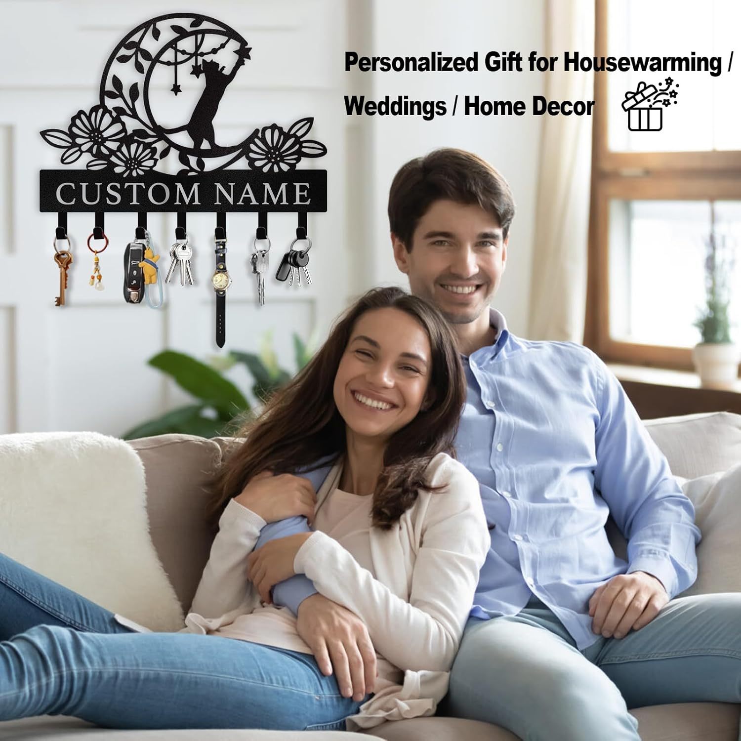 Moon Cat Metal Key Holder ,Cute Cat Wall Hook for Cat Lovers-MetalsignX