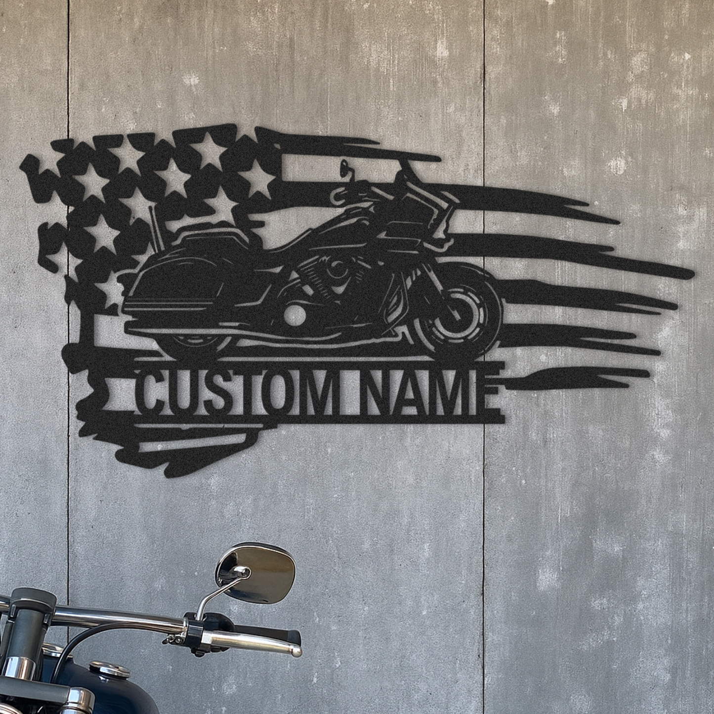 Custom American Flag Motorcycle Metal Sign, Personalized Cruiser Bike Wall Art, Patriotic Garage Decor, Biker Gift for Dad, Husband or Veteran