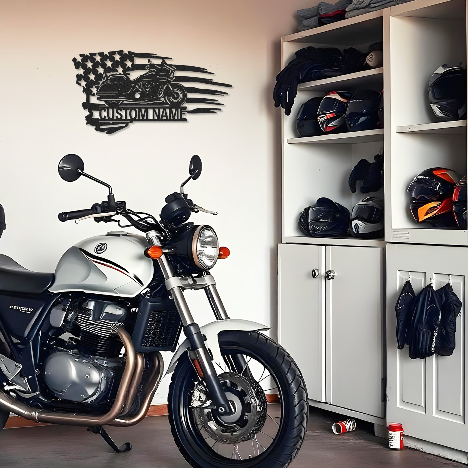 Custom American Flag Motorcycle Metal Sign, Personalized Cruiser Bike Wall Art, Patriotic Garage Decor, Biker Gift for Dad, Husband or Veteran