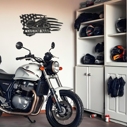 Custom American Flag Motorcycle Metal Sign, Personalized Cruiser Bike Wall Art, Patriotic Garage Decor, Biker Gift for Dad, Husband or Veteran