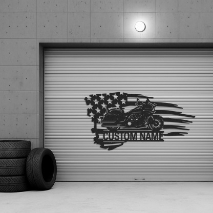 Custom American Flag Motorcycle Metal Sign, Personalized Cruiser Bike Wall Art, Patriotic Garage Decor, Biker Gift for Dad, Husband or Veteran