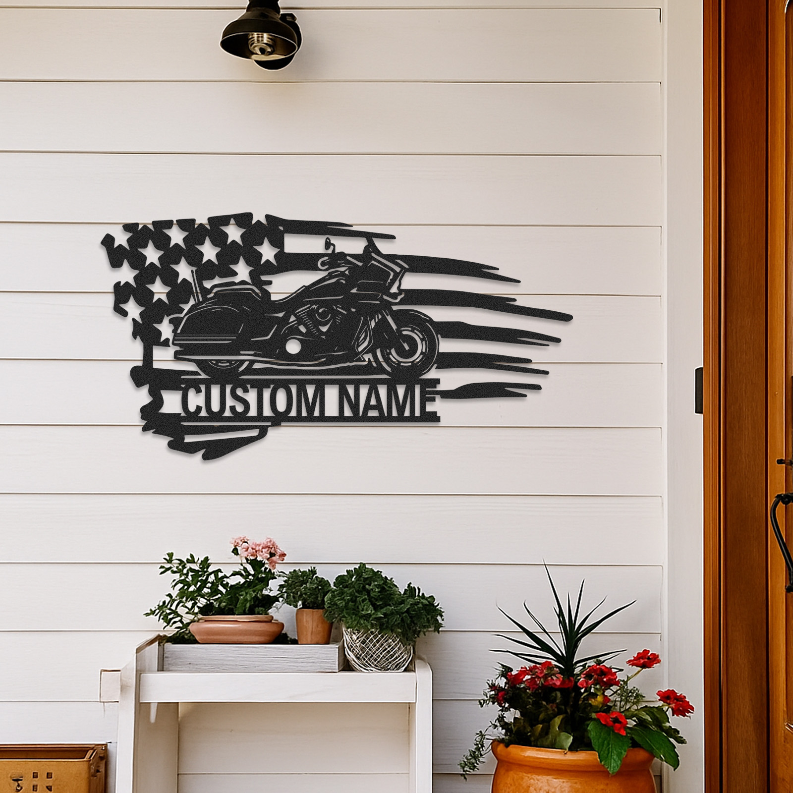 Custom American Flag Motorcycle Metal Sign, Personalized Cruiser Bike Wall Art, Patriotic Garage Decor, Biker Gift for Dad, Husband or Veteran