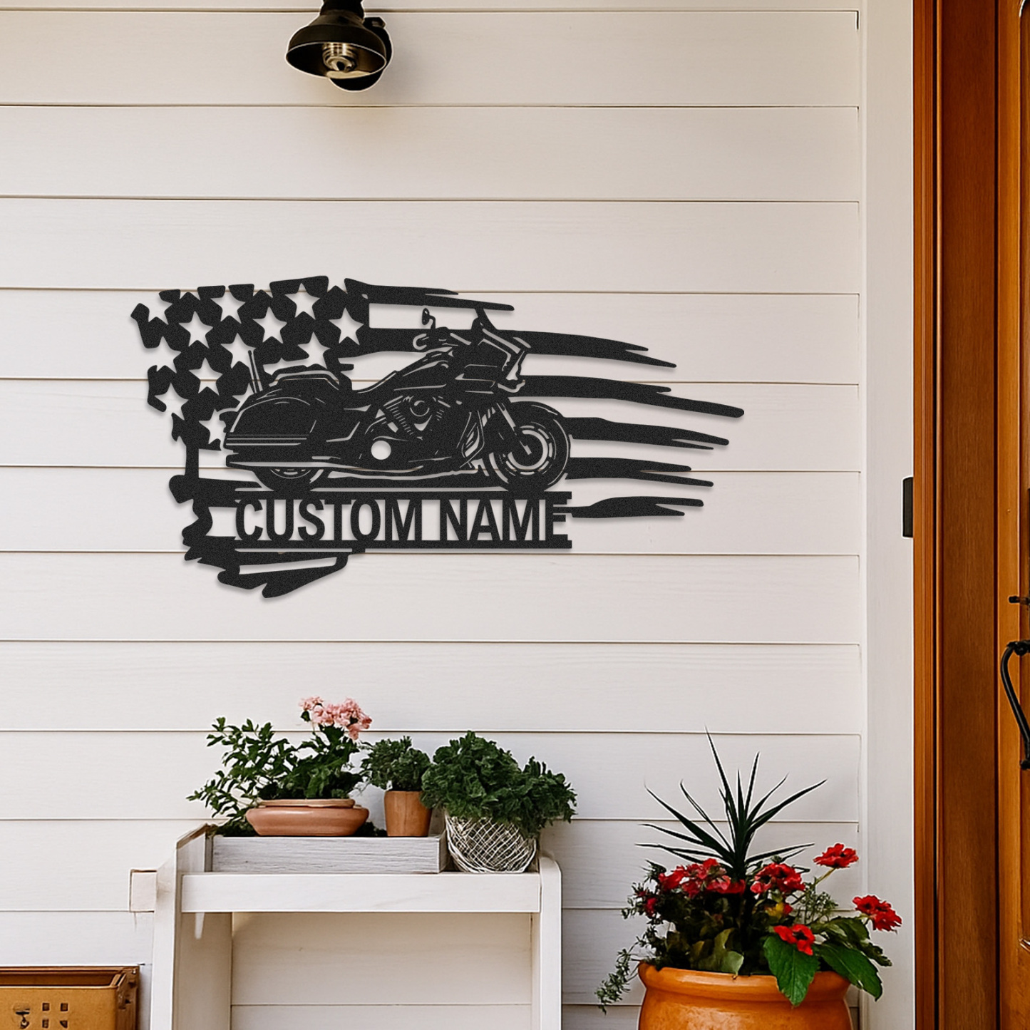 Custom American Flag Motorcycle Metal Sign, Personalized Cruiser Bike Wall Art, Patriotic Garage Decor, Biker Gift for Dad, Husband or Veteran