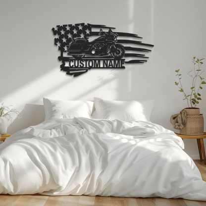 Custom American Flag Motorcycle Metal Sign, Personalized Cruiser Bike Wall Art, Patriotic Garage Decor, Biker Gift for Dad, Husband or Veteran