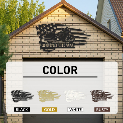 Custom American Flag Motorcycle Metal Sign, Personalized Cruiser Bike Wall Art, Patriotic Garage Decor, Biker Gift for Dad, Husband or Veteran