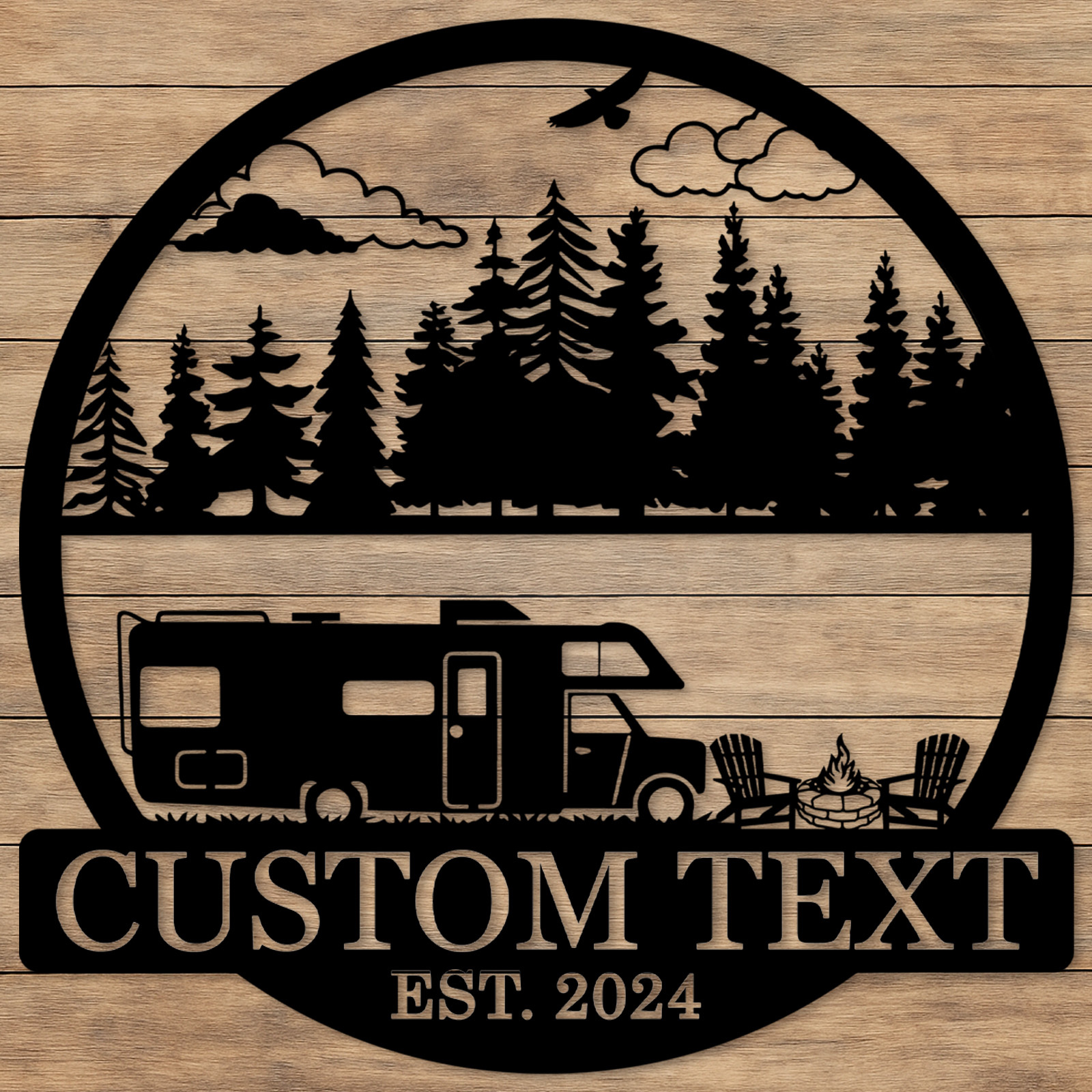 Custom RV Camping Metal Sign, Personalized Forest and Camper Wall Art with Campfire and Chairs, Outdoor Decor for Trailer or Campsite