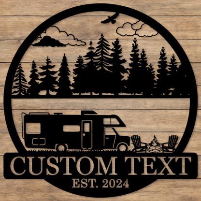 Custom RV Camping Metal Sign, Personalized Forest and Camper Wall Art with Campfire and Chairs, Outdoor Decor for Trailer or Campsite