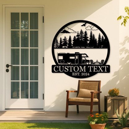 Custom RV Camping Metal Sign, Personalized Forest and Camper Wall Art with Campfire and Chairs, Outdoor Decor for Trailer or Campsite