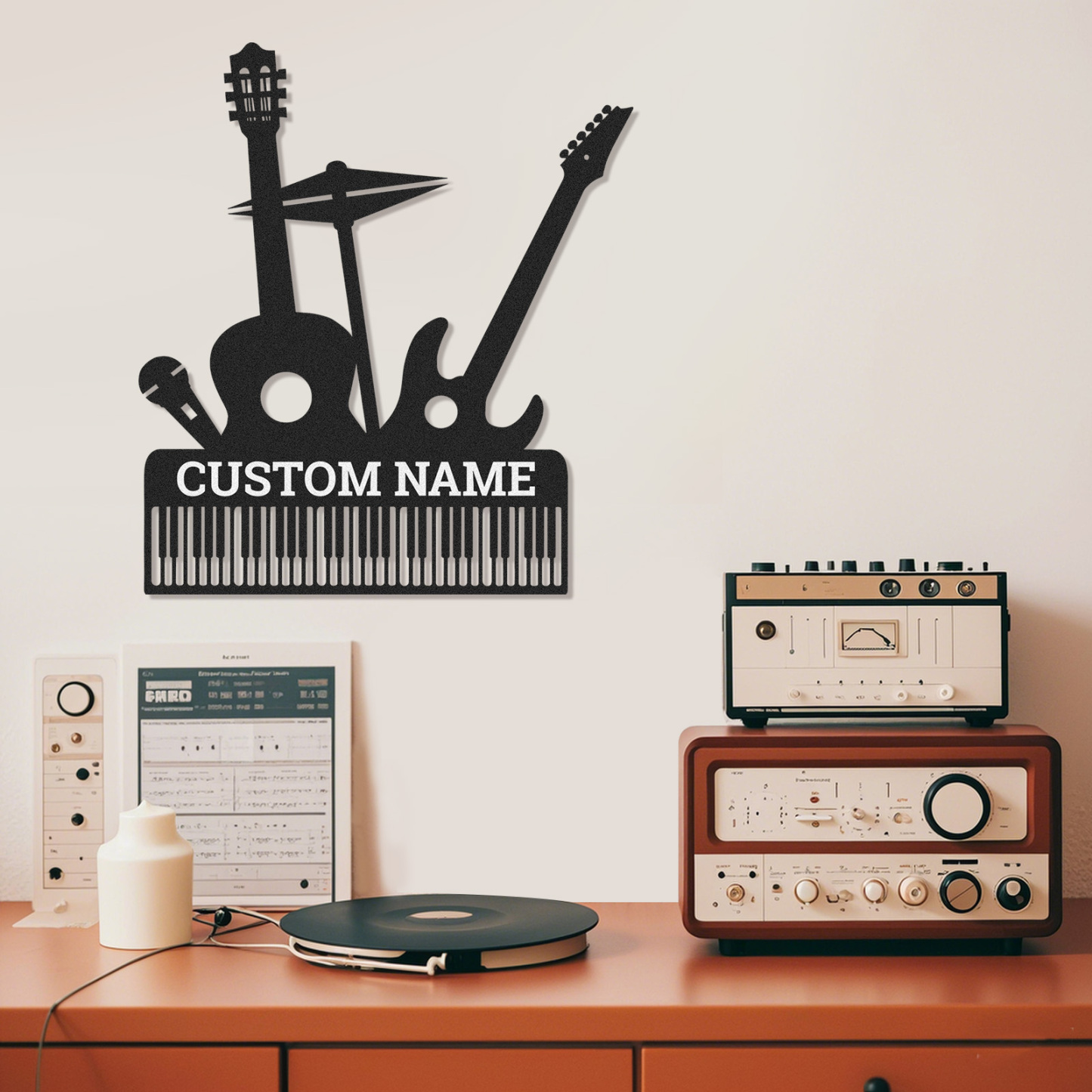 Personalized Music Band Metal Sign, Custom Name Wall Art with Guitar, Piano, Drum and Mic, Gift for Musicians
