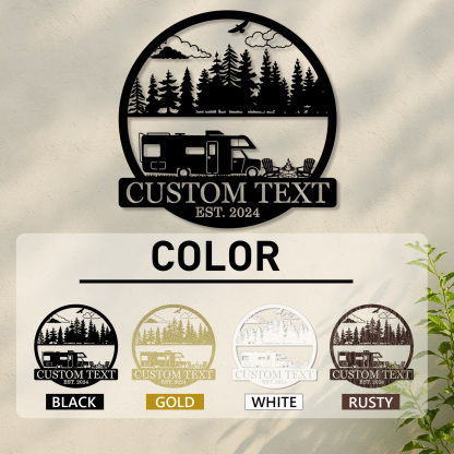 Custom RV Camping Metal Sign, Personalized Forest and Camper Wall Art with Campfire and Chairs, Outdoor Decor for Trailer or Campsite