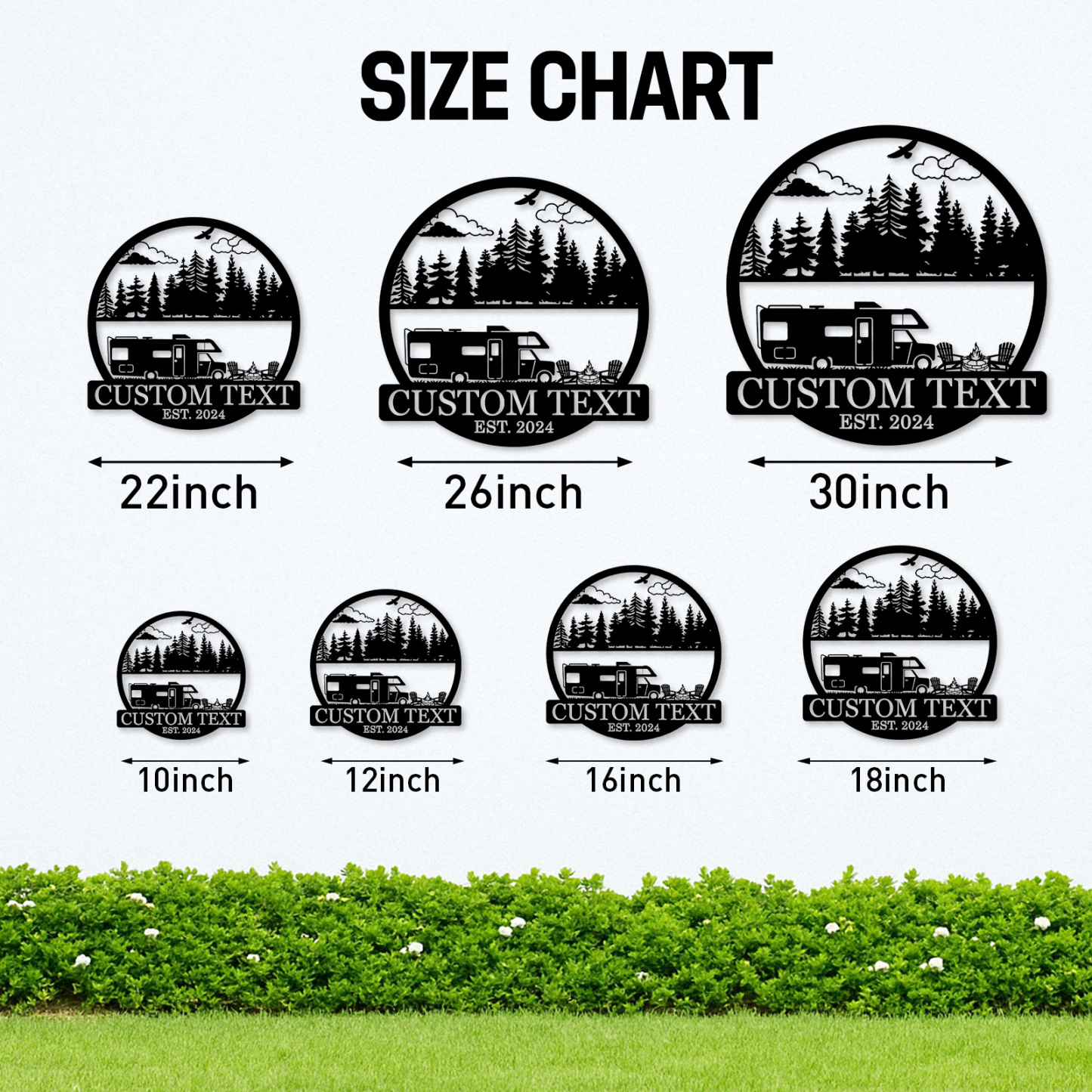 Custom RV Camping Metal Sign, Personalized Forest and Camper Wall Art with Campfire and Chairs, Outdoor Decor for Trailer or Campsite