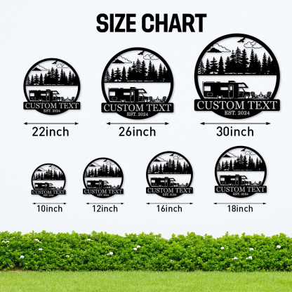 Custom RV Camping Metal Sign, Personalized Forest and Camper Wall Art with Campfire and Chairs, Outdoor Decor for Trailer or Campsite
