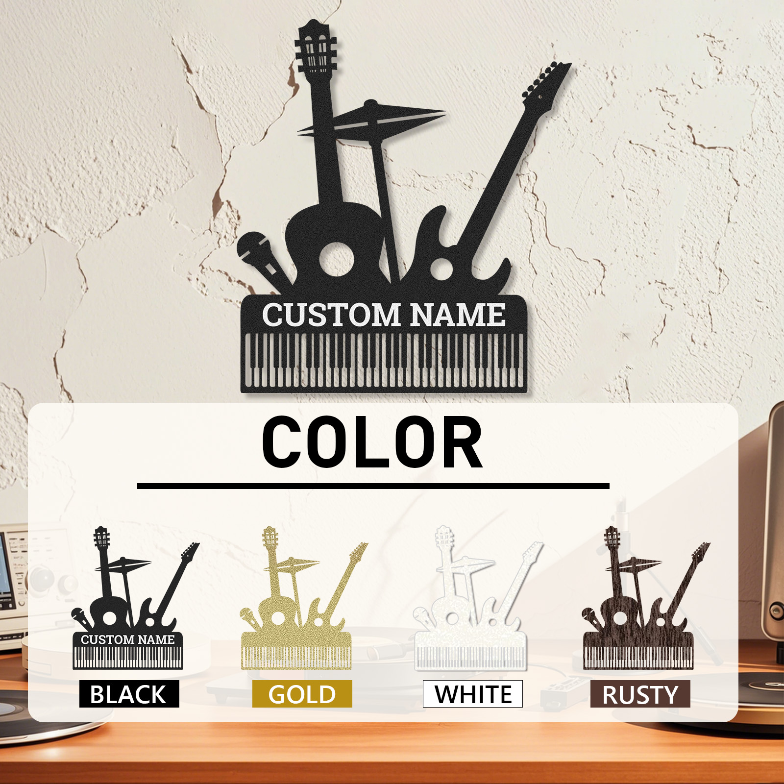 Personalized Music Band Metal Sign, Custom Name Wall Art with Guitar, Piano, Drum and Mic, Gift for Musicians