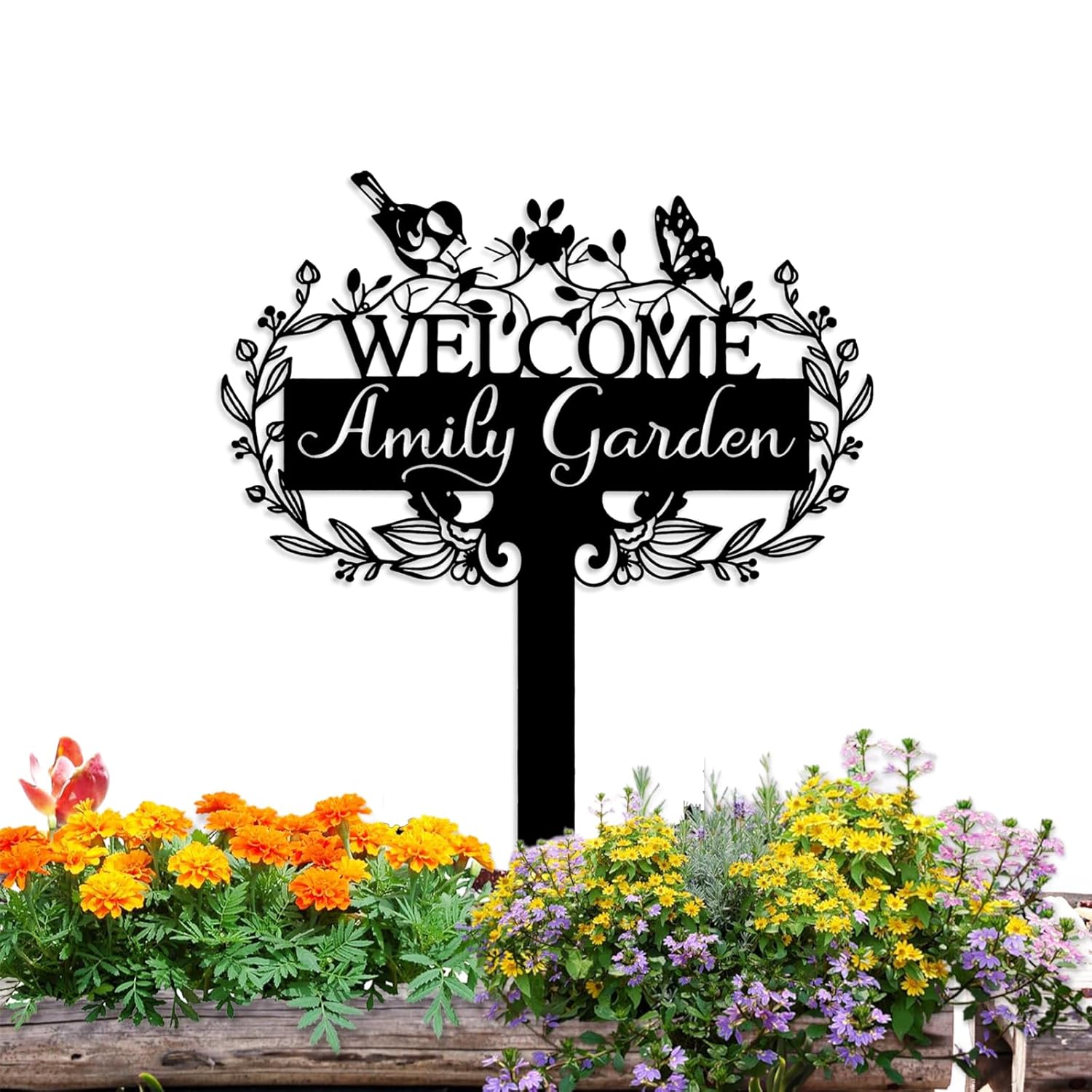 Custom Metal Garden Sign, Customized Butterfly Bird Garden Name Sign, Personalized Garden Signs-MetalsignX