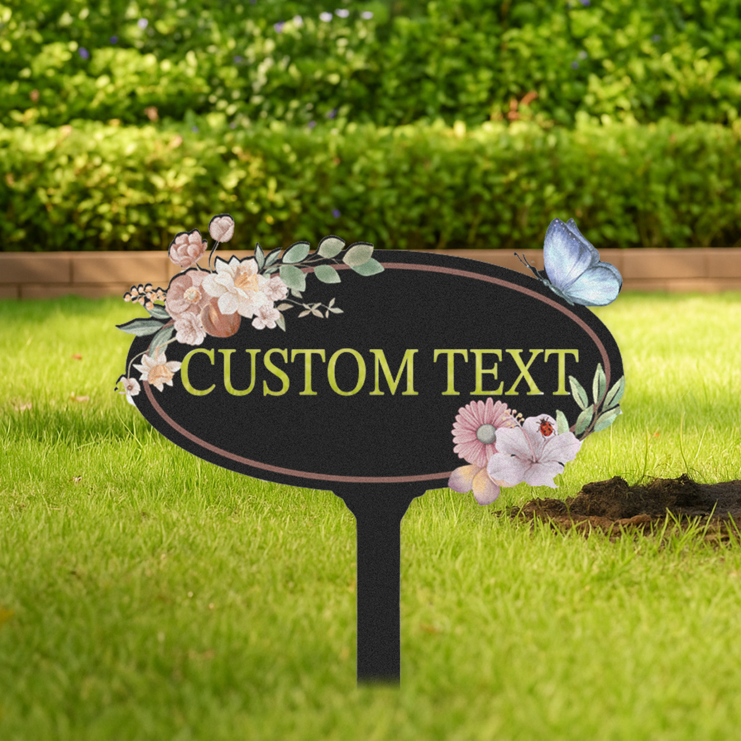 Personalized Oval Garden Sign with Flowers and Butterfly, Custom Metal Garden Stake, Elegant Floral Outdoor Yard Sign, Garden Name Plaque for Home Decor