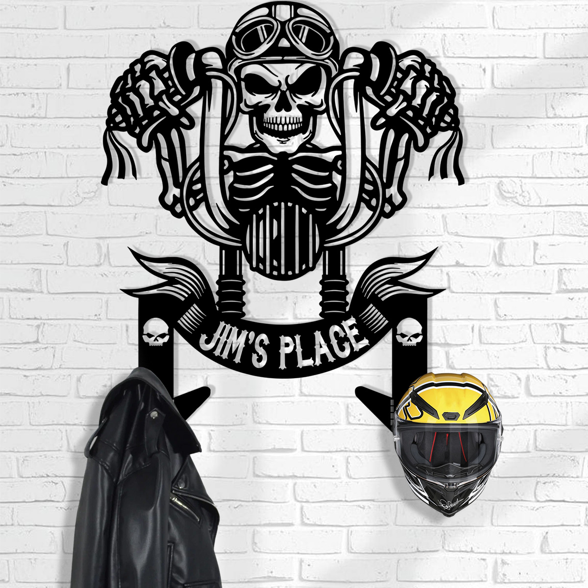 Custom Metal Motorcycle Sign Helmet Holder, outstanding, skull motorcycle jacket holder, bike helmet
