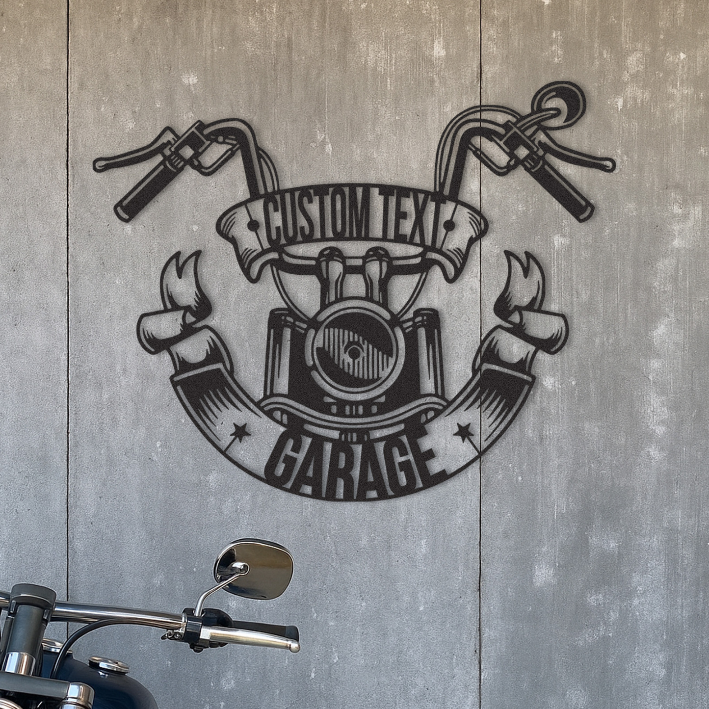 Custom Motorcycle Garage Metal Sign with Handlebar Banner, Personalized Biker Name Metal Art, Wall Decor for Garage, Shop, or Man Cave