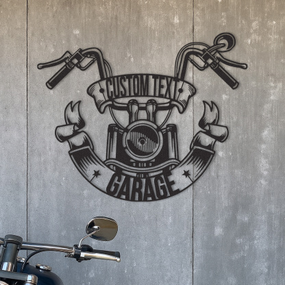 Custom Motorcycle Garage Metal Sign with Handlebar Banner, Personalized Biker Name Metal Art, Wall Decor for Garage, Shop, or Man Cave