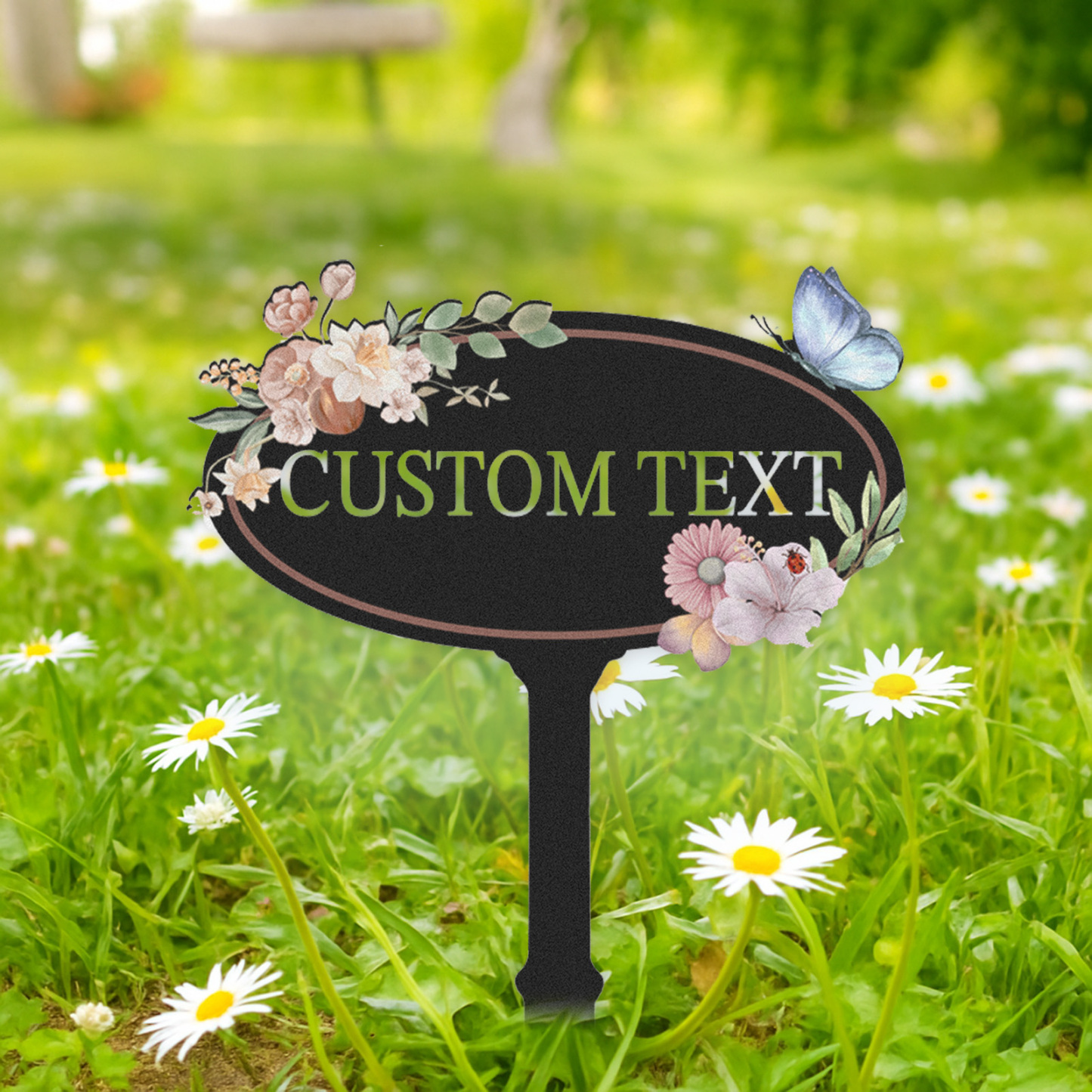 Personalized Oval Garden Sign with Flowers and Butterfly, Custom Metal Garden Stake, Elegant Floral Outdoor Yard Sign, Garden Name Plaque for Home Decor