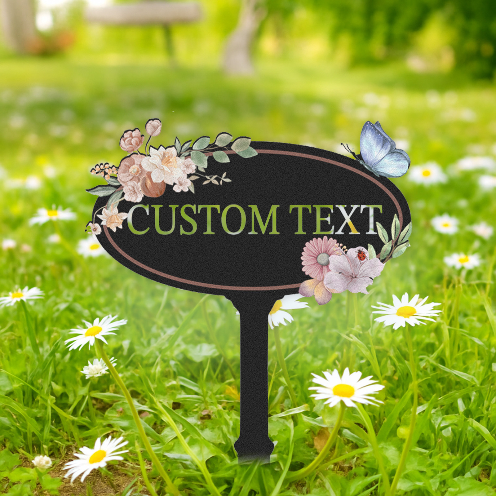 Personalized Oval Garden Sign with Flowers and Butterfly, Custom Metal Garden Stake, Elegant Floral Outdoor Yard Sign, Garden Name Plaque for Home Decor