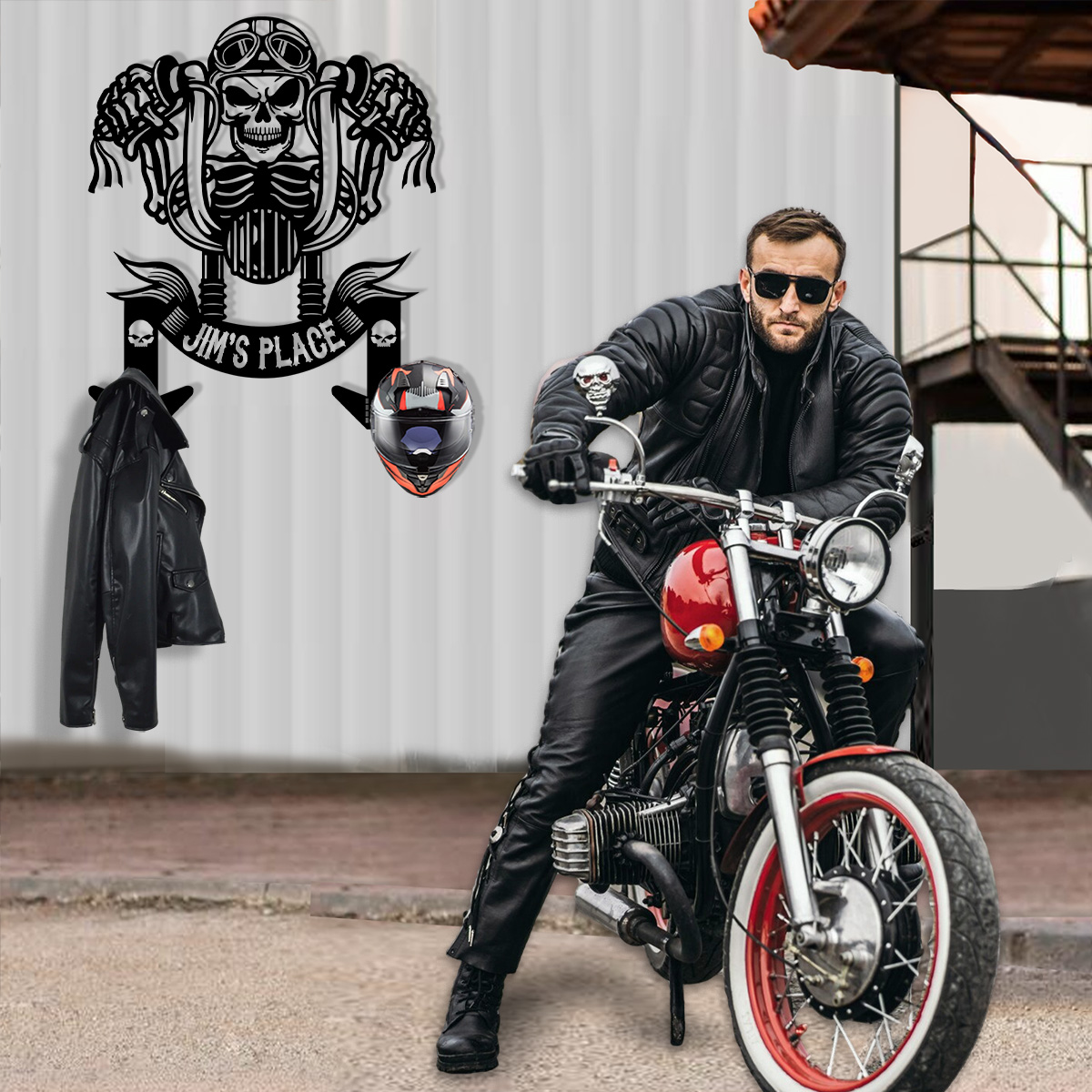 Custom Metal Motorcycle Sign Helmet Holder, outstanding, skull motorcycle jacket holder, bike helmet