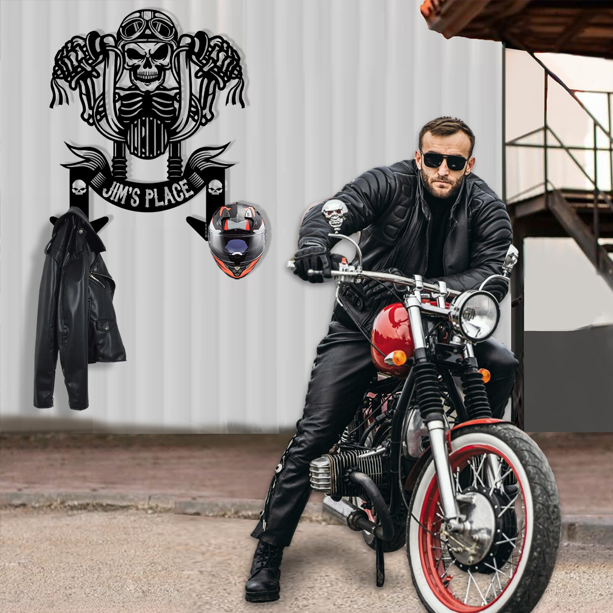 Custom Metal Motorcycle Sign Helmet Holder, outstanding, skull motorcycle jacket holder, bike helmet