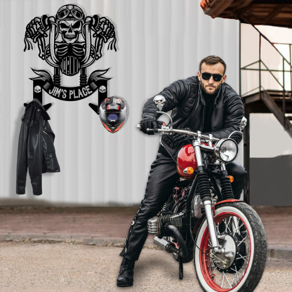 Custom Metal Motorcycle Sign Helmet Holder, outstanding, skull motorcycle jacket holder, bike helmet