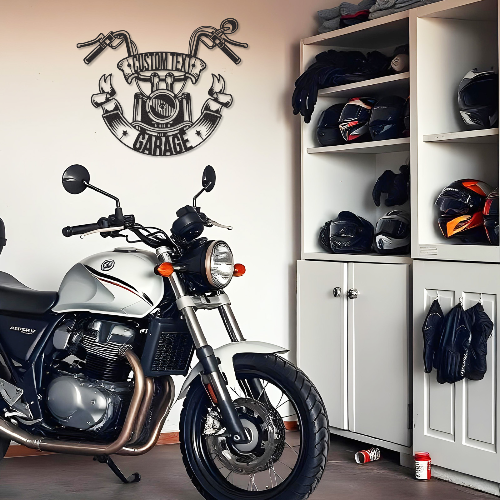 Custom Motorcycle Garage Metal Sign with Handlebar Banner, Personalized Biker Name Metal Art, Wall Decor for Garage, Shop, or Man Cave