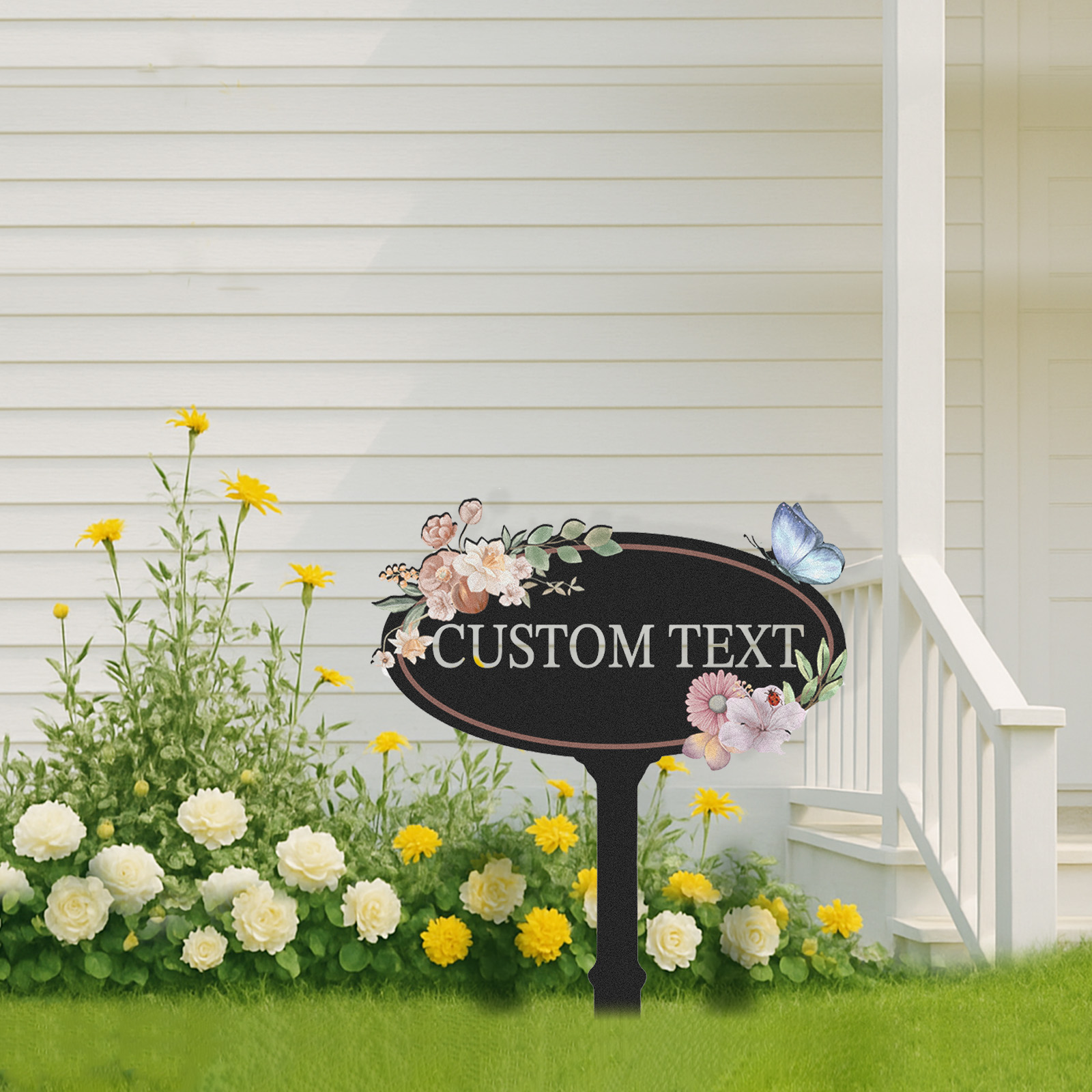 Personalized Oval Garden Sign with Flowers and Butterfly, Custom Metal Garden Stake, Elegant Floral Outdoor Yard Sign, Garden Name Plaque for Home Decor