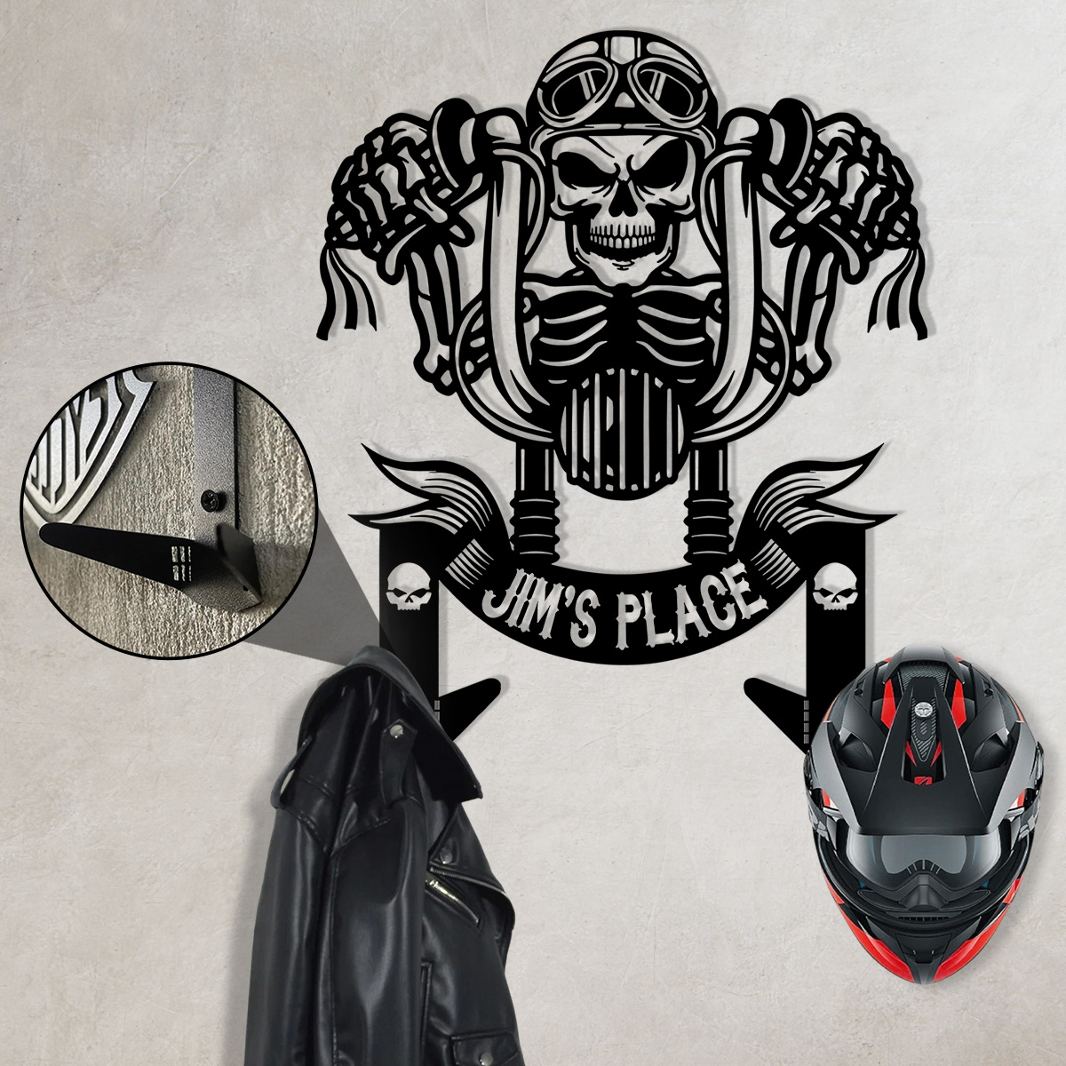 Custom Metal Motorcycle Sign Helmet Holder, outstanding, skull motorcycle jacket holder, bike helmet