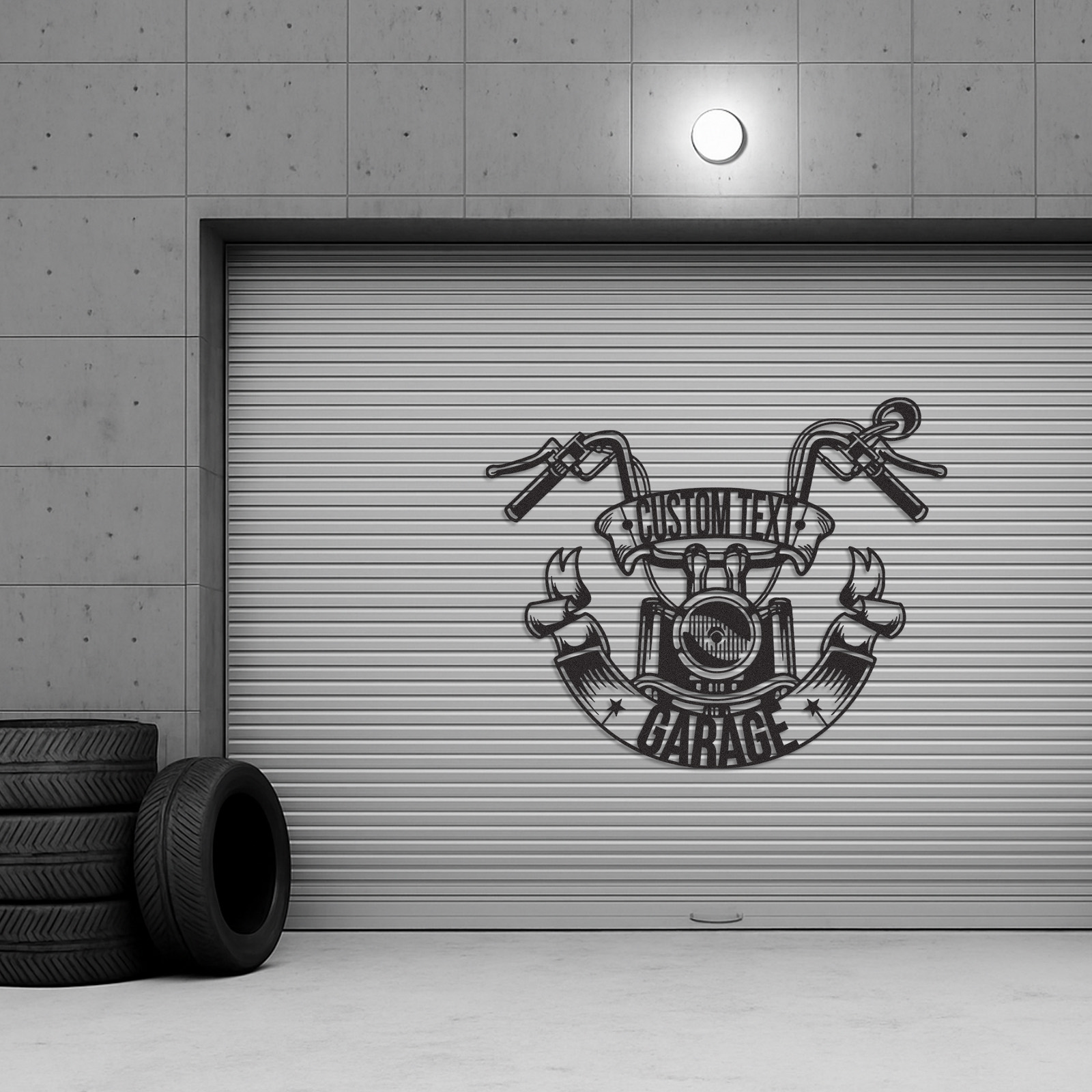 Custom Motorcycle Garage Metal Sign with Handlebar Banner, Personalized Biker Name Metal Art, Wall Decor for Garage, Shop, or Man Cave