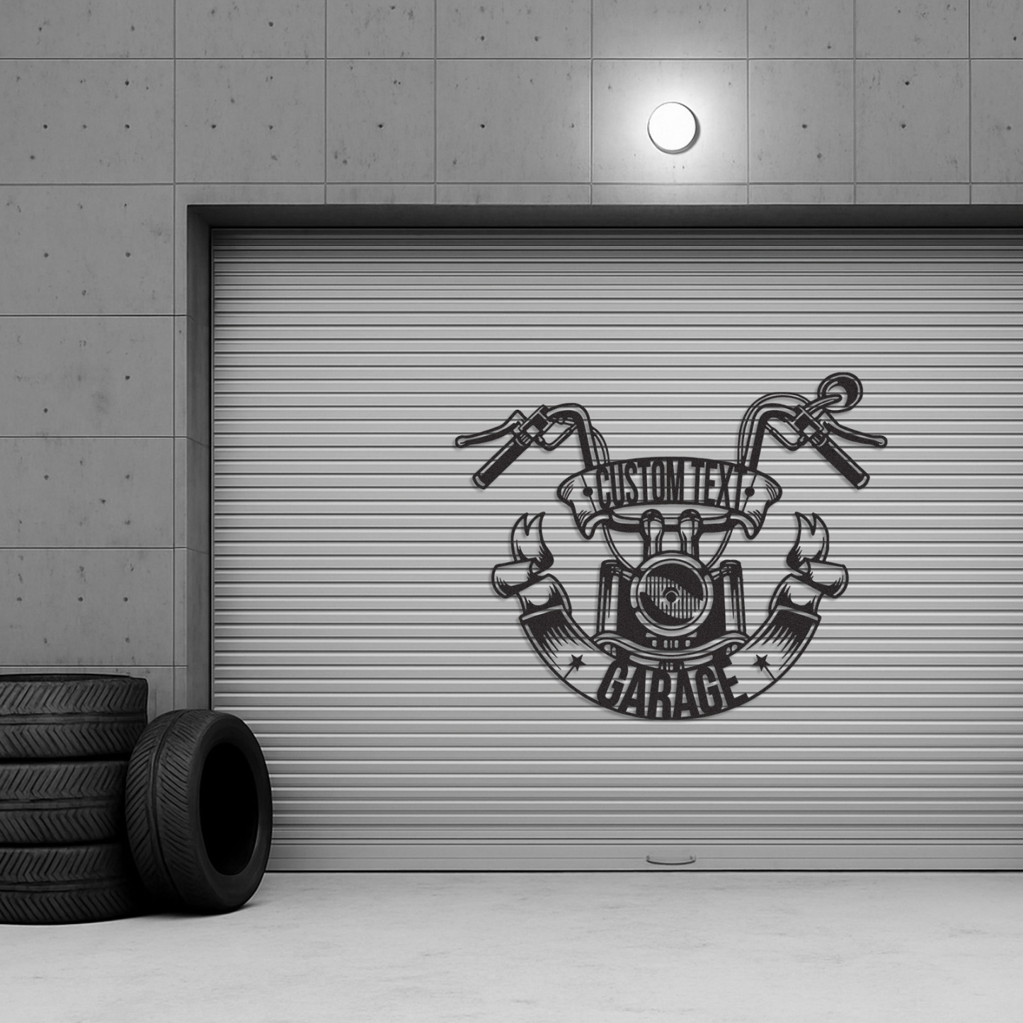 Custom Motorcycle Garage Metal Sign with Handlebar Banner, Personalized Biker Name Metal Art, Wall Decor for Garage, Shop, or Man Cave