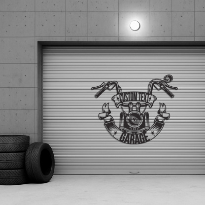 Custom Motorcycle Garage Metal Sign with Handlebar Banner, Personalized Biker Name Metal Art, Wall Decor for Garage, Shop, or Man Cave
