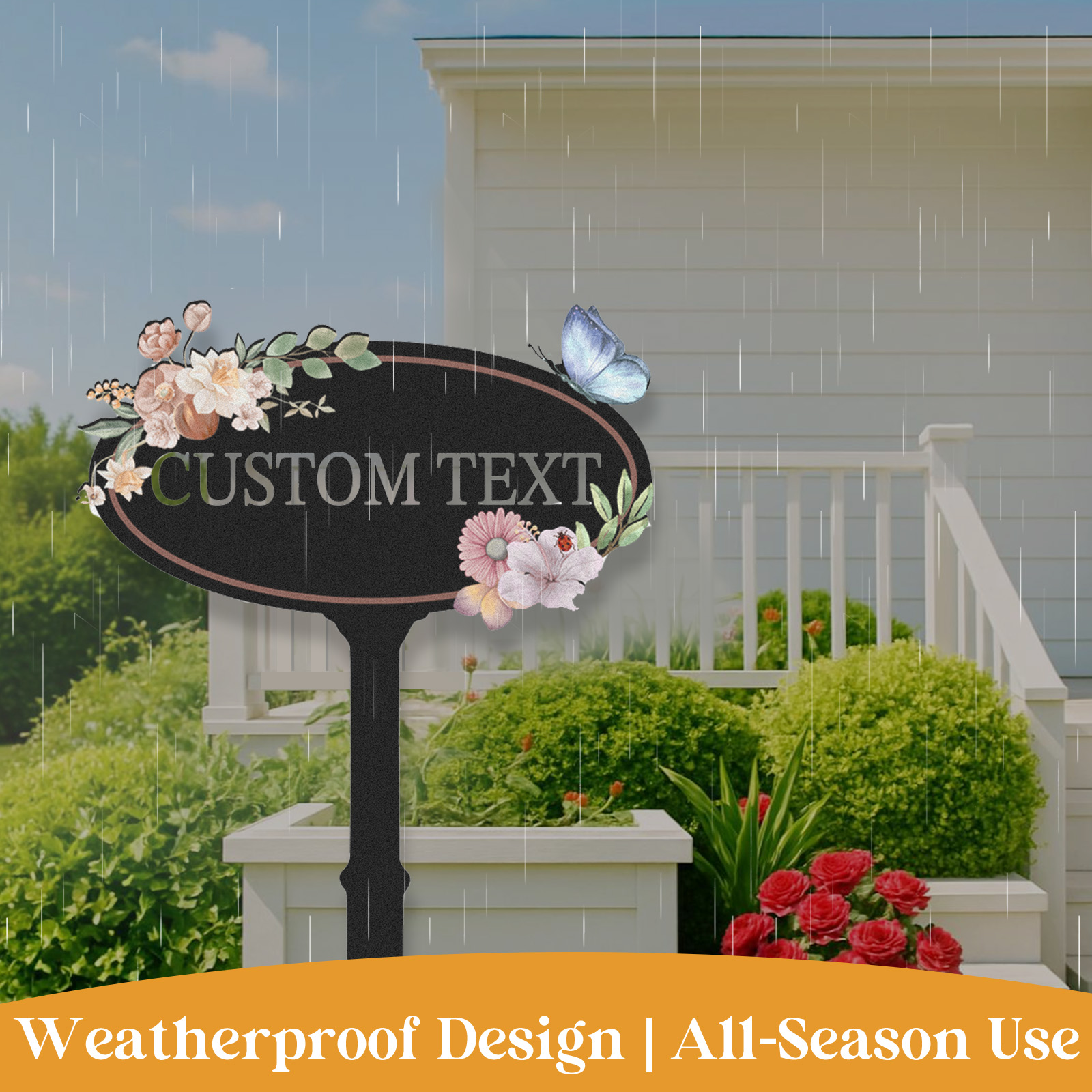 Personalized Oval Garden Sign with Flowers and Butterfly, Custom Metal Garden Stake, Elegant Floral Outdoor Yard Sign, Garden Name Plaque for Home Decor