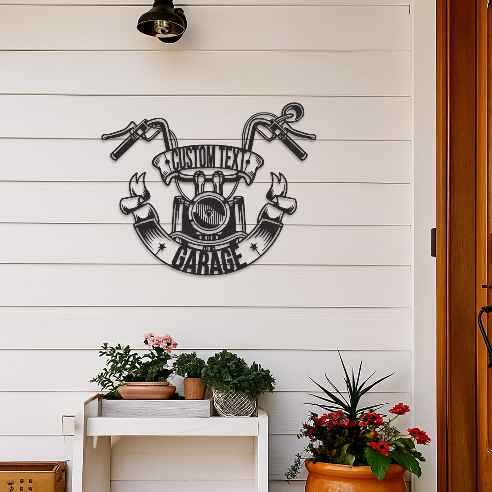 Custom Motorcycle Garage Metal Sign with Handlebar Banner, Personalized Biker Name Metal Art, Wall Decor for Garage, Shop, or Man Cave