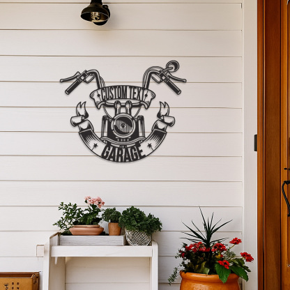 Custom Motorcycle Garage Metal Sign with Handlebar Banner, Personalized Biker Name Metal Art, Wall Decor for Garage, Shop, or Man Cave