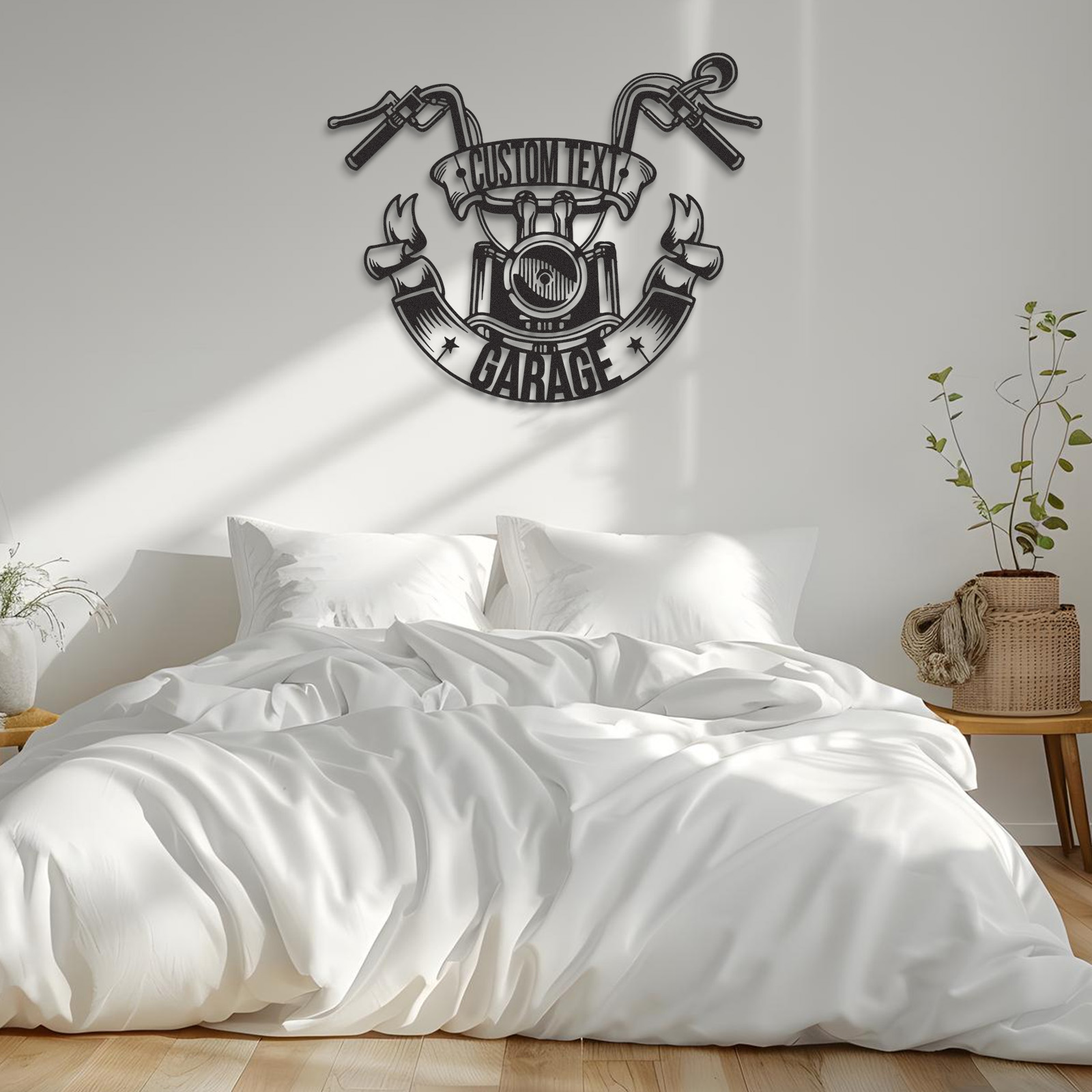 Custom Motorcycle Garage Metal Sign with Handlebar Banner, Personalized Biker Name Metal Art, Wall Decor for Garage, Shop, or Man Cave